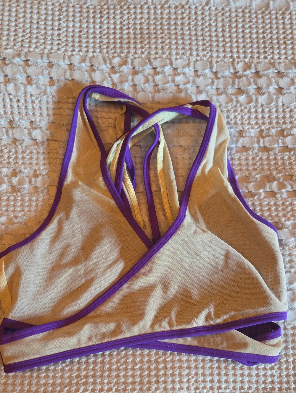 Women's Beige and Purple Strappy Sports Bralette- Small